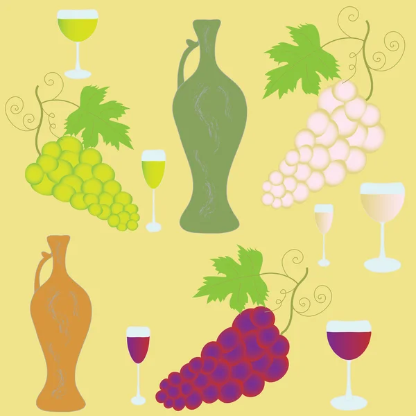 Zestaw z kiści winogron, kieliszki i Amfora — Wektor stockowy