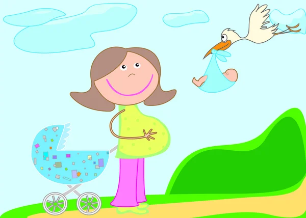 Pram, pregnant,stork with baby — Stok Vektör