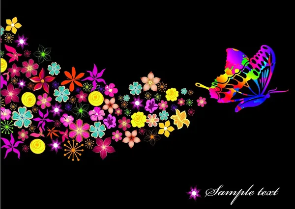 Black background with butterfly and flowers Royalty Free Stock Vectors