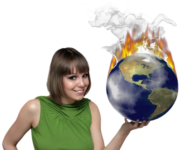 여자 및 화재 지구 — 스톡 사진