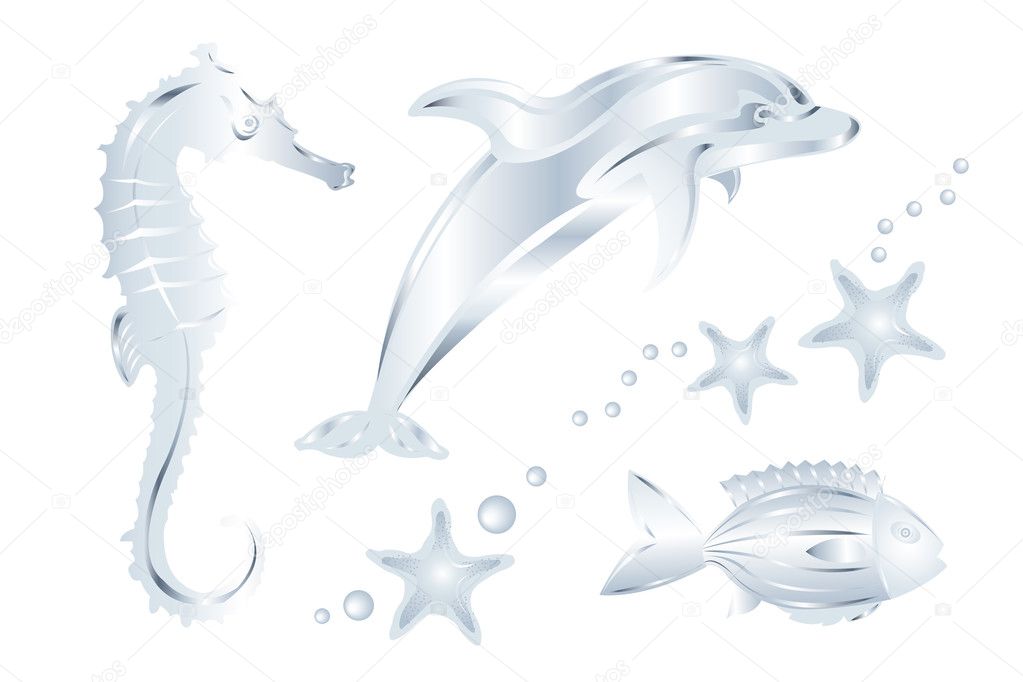 Silver Sea Animals, Isolated on White