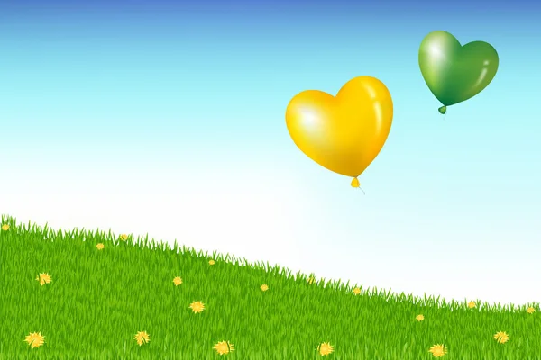 Balloons On Grass With Yellow Dandelions — Stock Vector