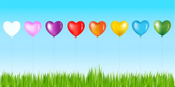Fila de balões coloridos em forma de coração — Vetor de Stock