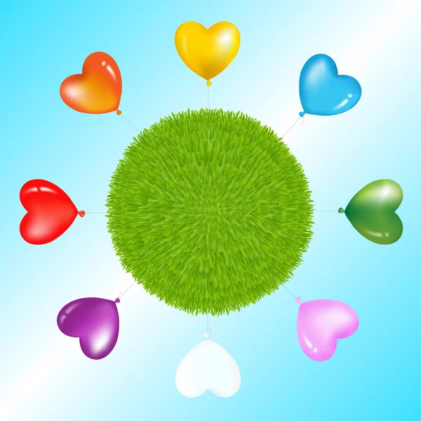 Kolorowe balony wokół trawie piłka — Wektor stockowy