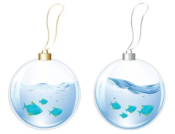Bolas de Ano Novo com Peixes Azuis na Água — Vetor de Stock