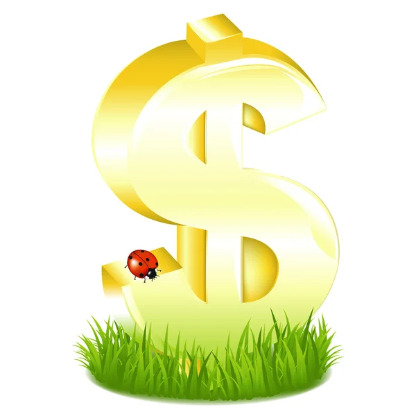 Altın dolar işareti çim ile uğur böceği — Stok Vektör