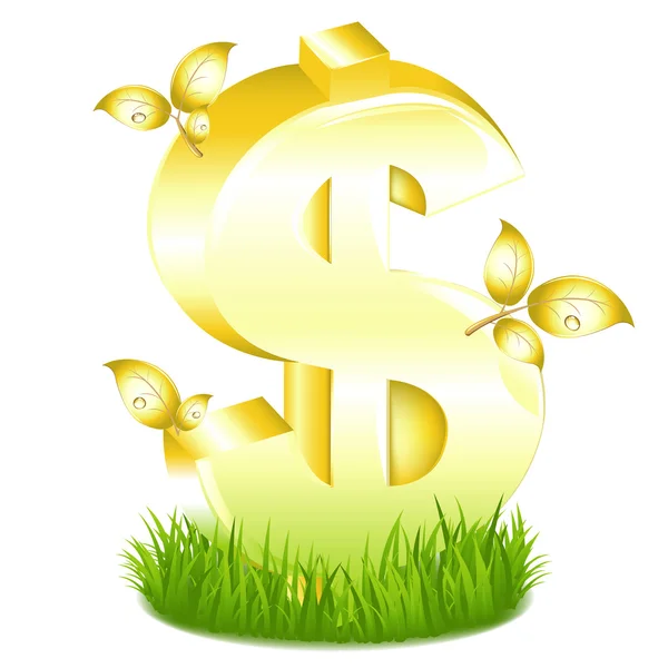 Signo de dólar dorado con hojas en hierba — Vector de stock