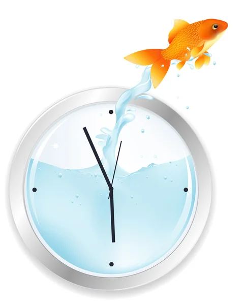 Goldfish saltando desde el reloj — Vector de stock
