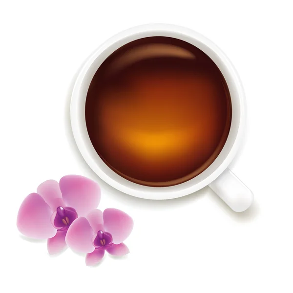 Filiżanka herbata ilustracja wektorowa z orchidei — Wektor stockowy
