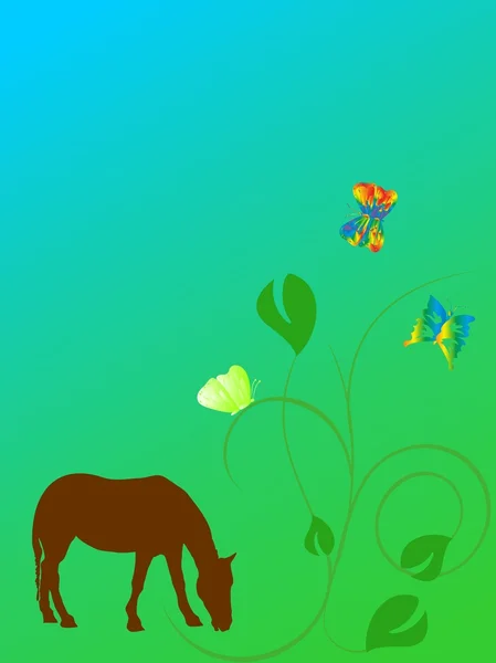 Pferd grasend mit Schmetterlingen — Vector de stock