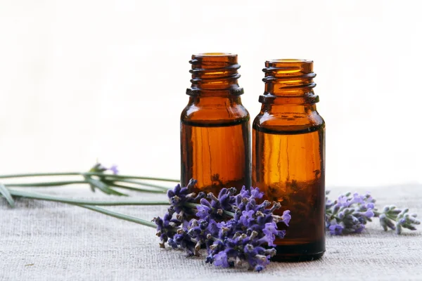 Aroma olie in flessen met lavendel — Stockfoto
