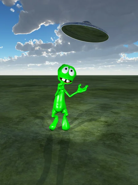 Kleine groene alien en ufo — Stockfoto
