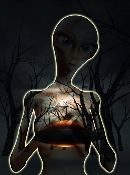 Alien en ufo in bos — Stockfoto