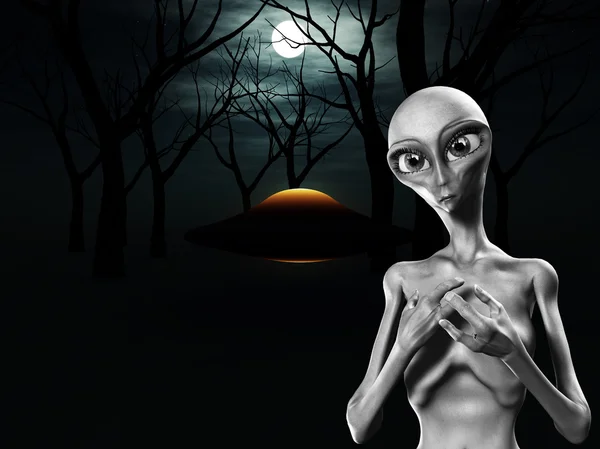 Alien und Ufo im Wald — Stockfoto