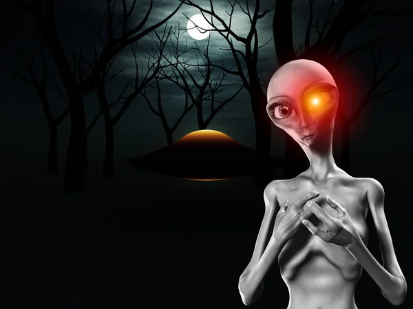 Alien And UFO In Forest — Stock Photo, Image