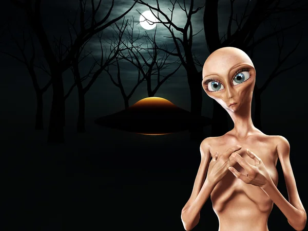 Alieno e UFO nella foresta Immagini Stock Royalty Free