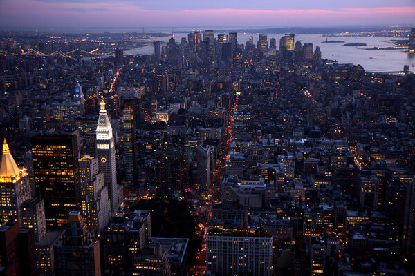 Aerial view of Manhattan in New York city at sunset
