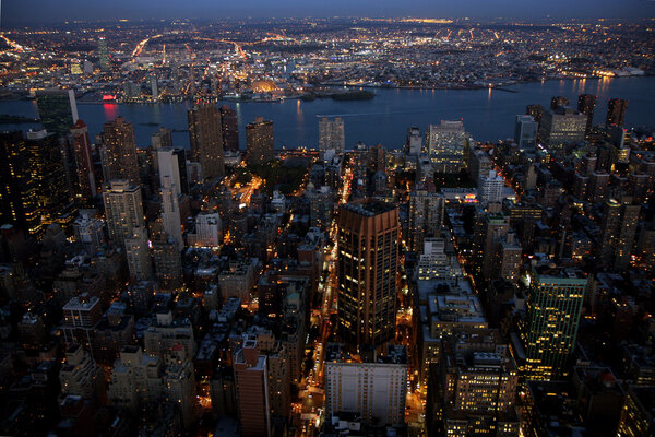 Aerial view of Manhattan in New York city at sunset