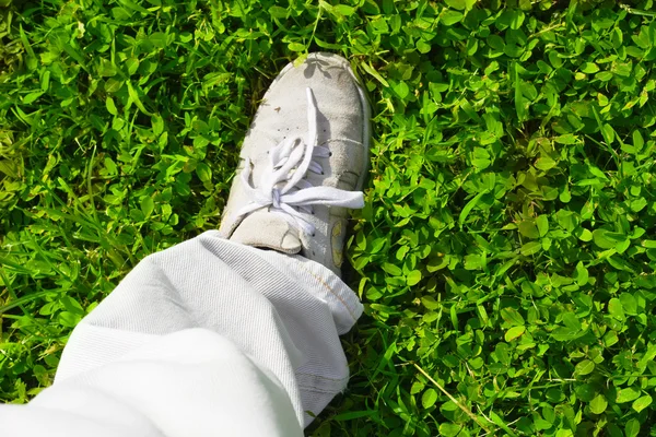 Füße auf einem grünen Gras — Stockfoto