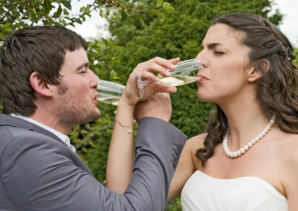 新娘和新郎与一杯香槟庆祝 — 图库照片