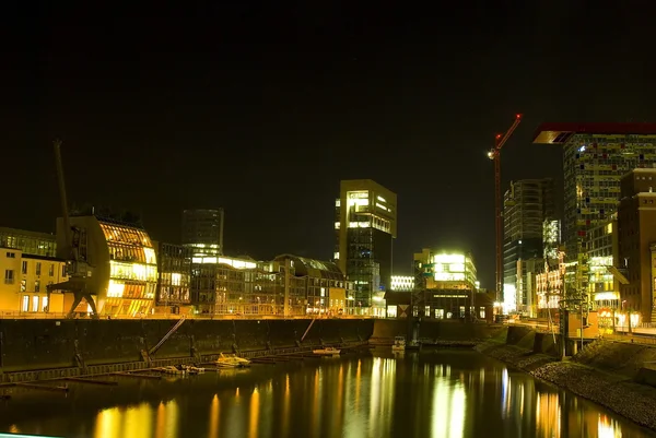 Duesseldorf gece limanda medya — Stok fotoğraf