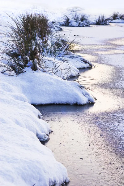 夜明けに小さな川のある冬の風景 — ストック写真