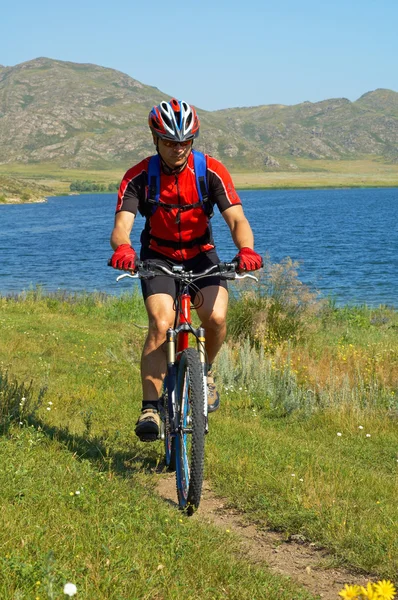 Велотурист на зеленом поле рядом с озером — стоковое фото