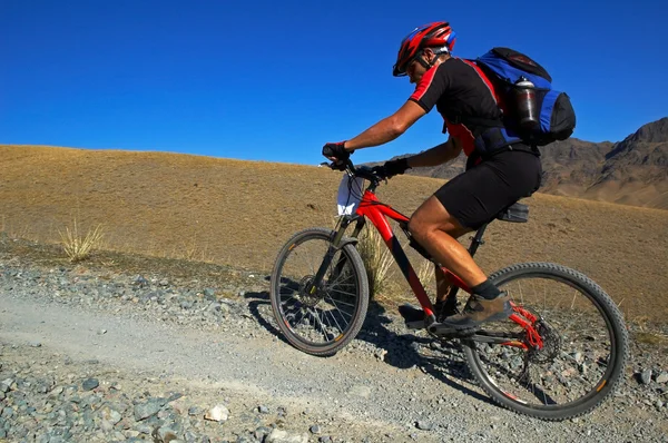 Motociclista de montaña en el viejo camino en el desierto —  Fotos de Stock