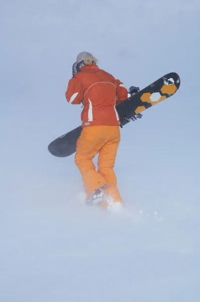 Сноубордистка в снежную бурю — стоковое фото