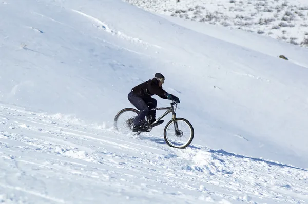 Schnee bergab auf dem Fahrrad — Stockfoto