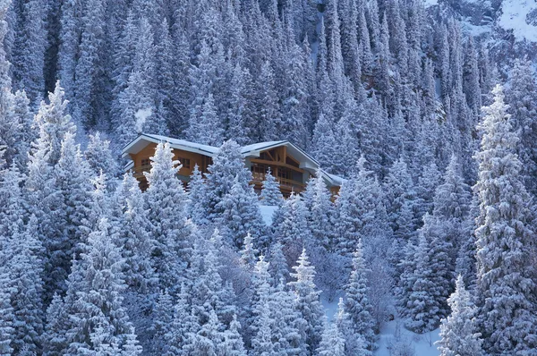 Houten huis in winter bergbos — Stockfoto