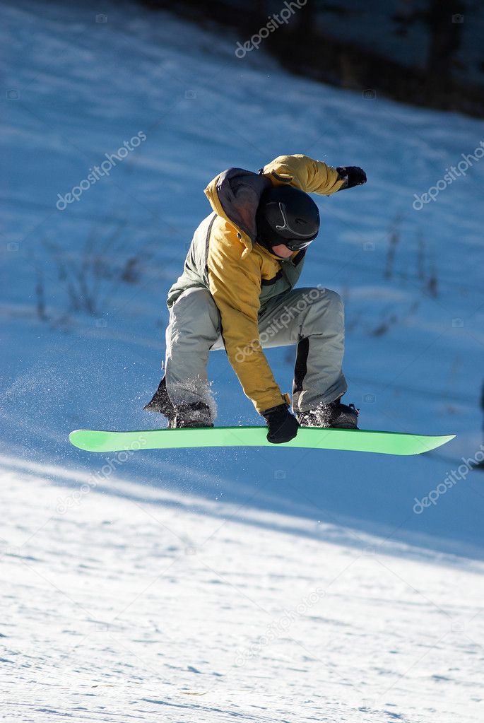 Flying Snowboarder on green board