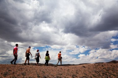 Group of tourists in the desert clipart