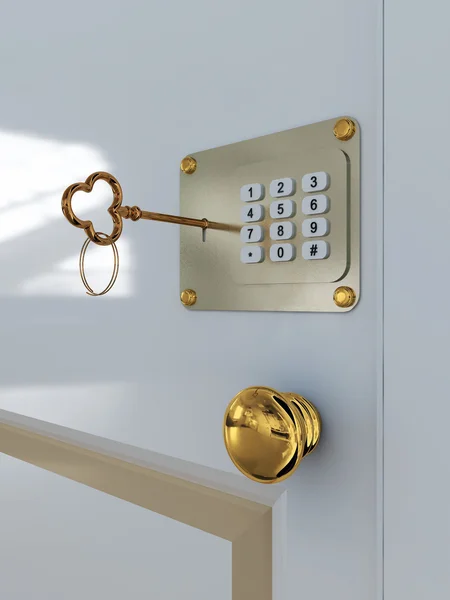 Door with combination lock and key — Stock Photo, Image