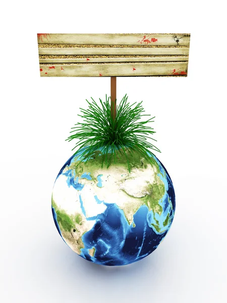 Earth with an empty signboard in the grass — Stock Photo, Image