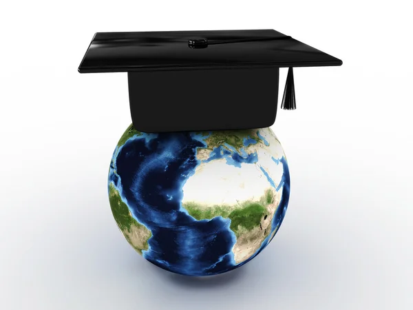 Master's cap for graduates in the globe. 3D — Stock Photo, Image