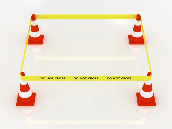 Não cruze a linha policial com cone de estrada — Fotografia de Stock