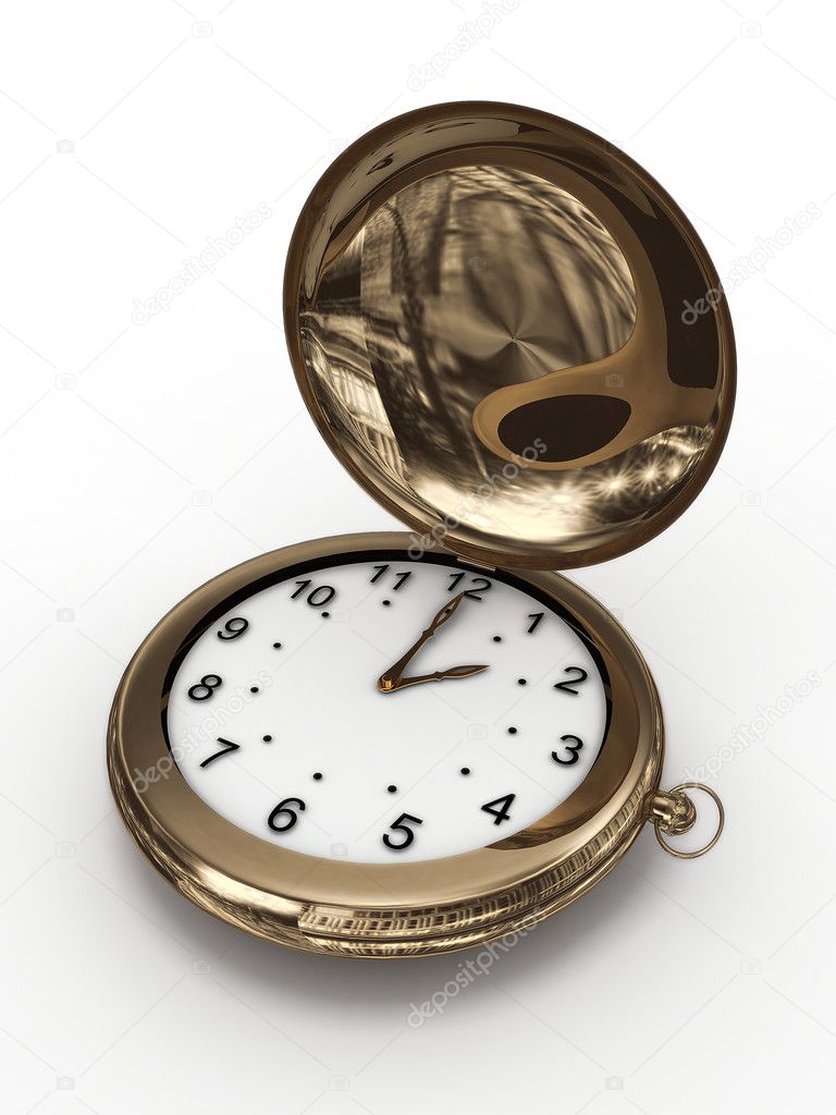 Gold pocket watch isolated on white background. 3D