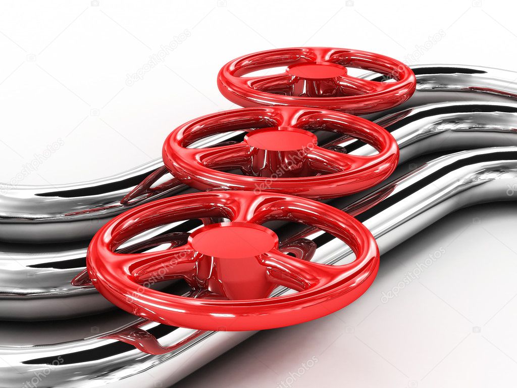 Steel tube with red valves isolated on white background