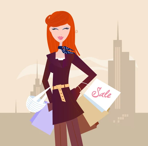 Kobieta moda z torby na zakupy w mieście — Wektor stockowy