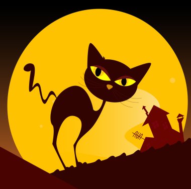 Black cat silhouette and city sunset clipart