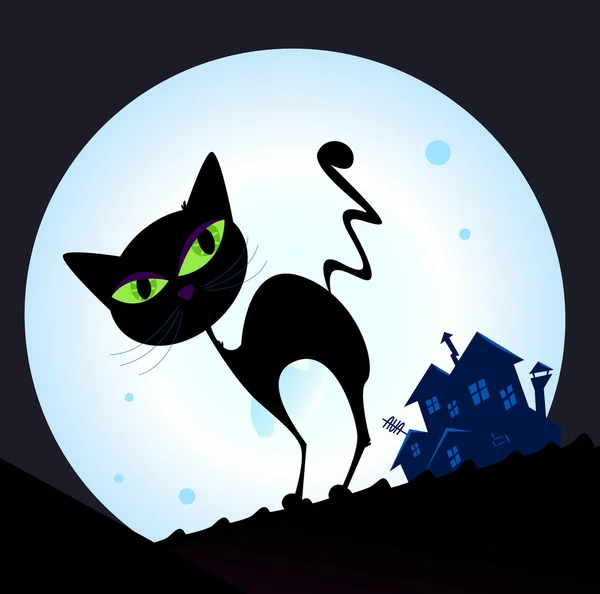 Black cat silhouette in night town — Stock Vector