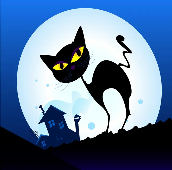 Zwarte kat silhouet in de nacht stad — Stockvector