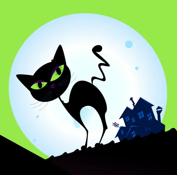 Spooky kat silhouet met volle maan in — Stockvector