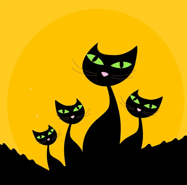 Famille Cat - silhouette noire sur orange — Image vectorielle