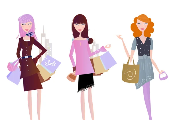 Mulheres com sacos de compras isolados no whi — Vetor de Stock