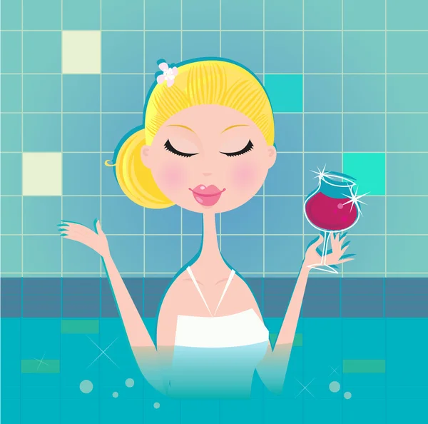 Dame avec boisson dans le bain à remous — Image vectorielle