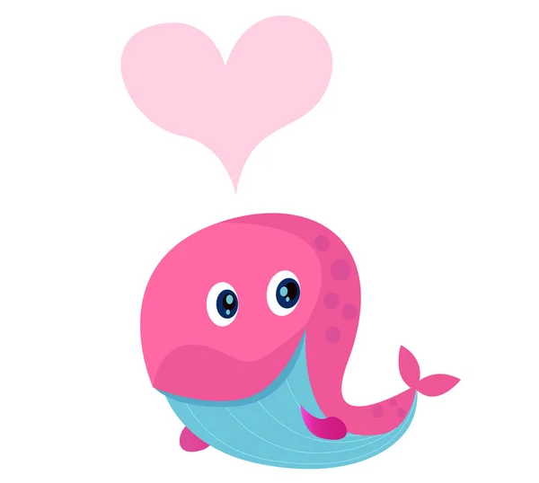 Carino balena rosa con la forma del cuore in amore — Vettoriale Stock