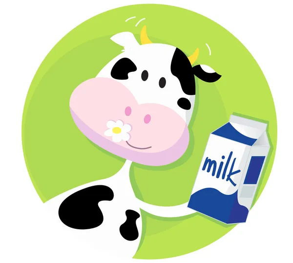 Mucca felice con scatola di latte — Vettoriale Stock