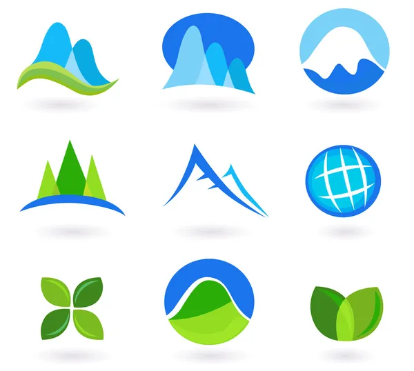Natuur, berg en turism pictogrammen - blauw — Stockvector